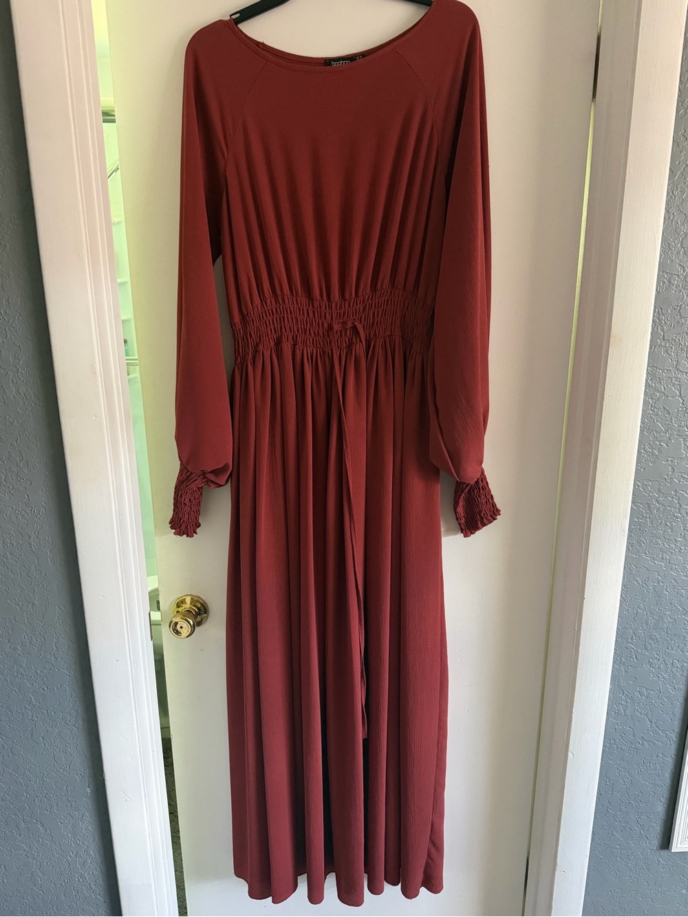 Boohoo Rust Red Long Sleeve Maxi Dress with Smocked Waist